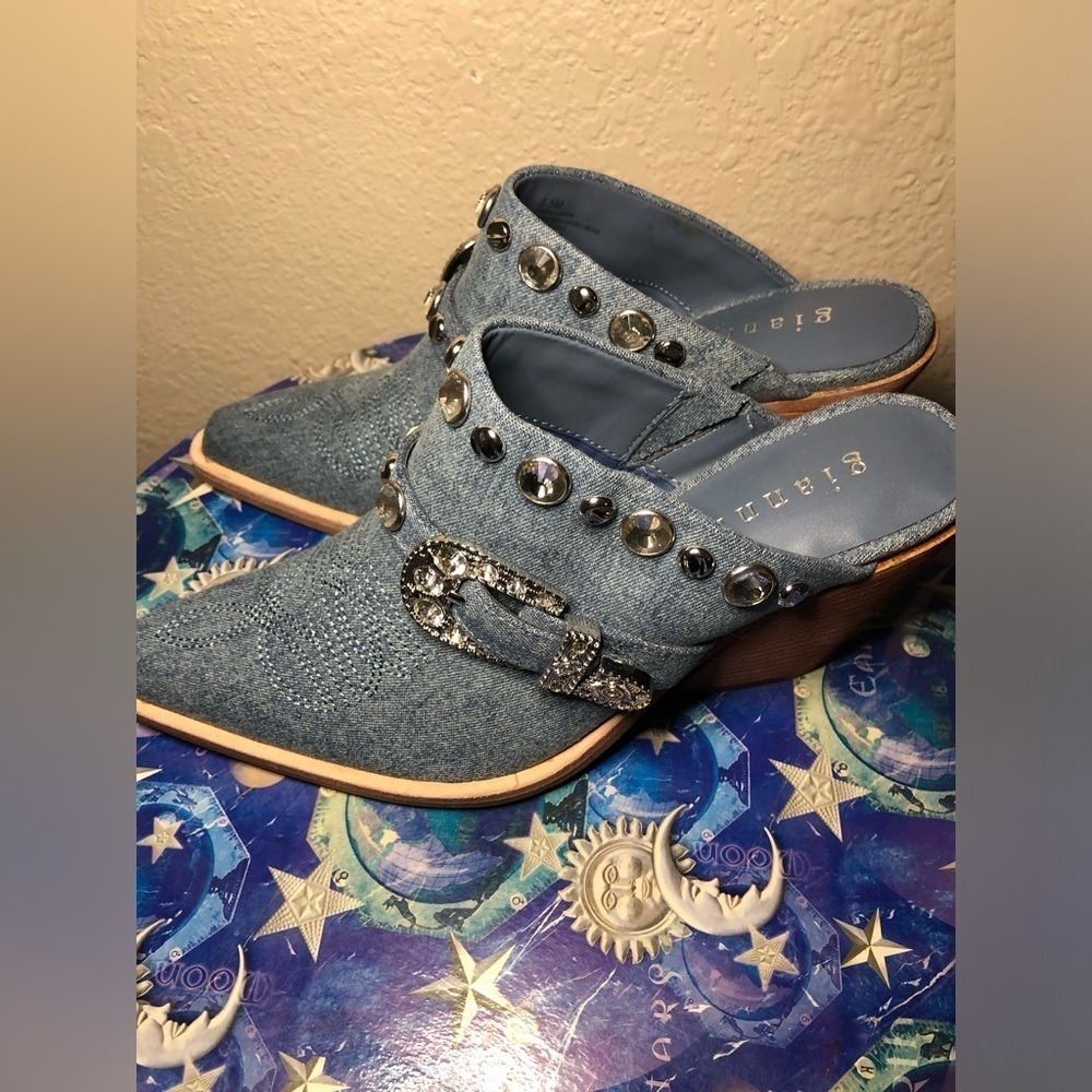 Embellished Denim Wedge Mules size 6.5 - Picture 7 of 15